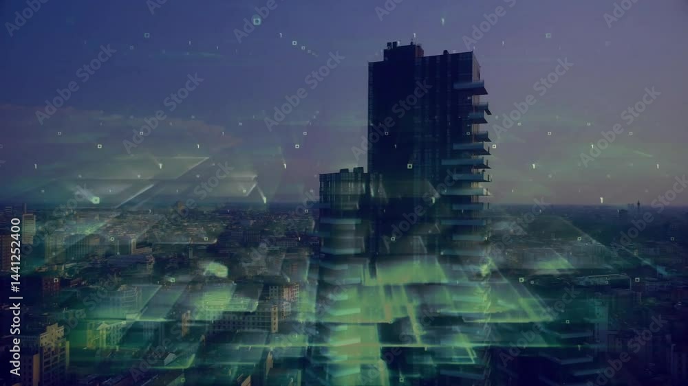 Poster high-rise skyscraper floating over urban skyline, projecting holographic blocks and binary code