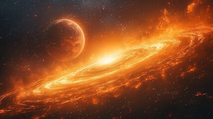 Orange galaxy with a planet and bright center in a dark space background.