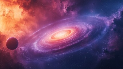 A spiral galaxy with a planet surrounded by colorful cosmic dust and clouds.