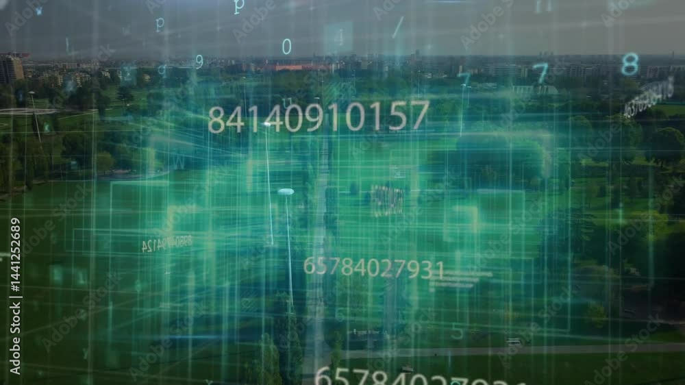 Poster green digital overlay being animated over park, showing grid with floating numeric codes