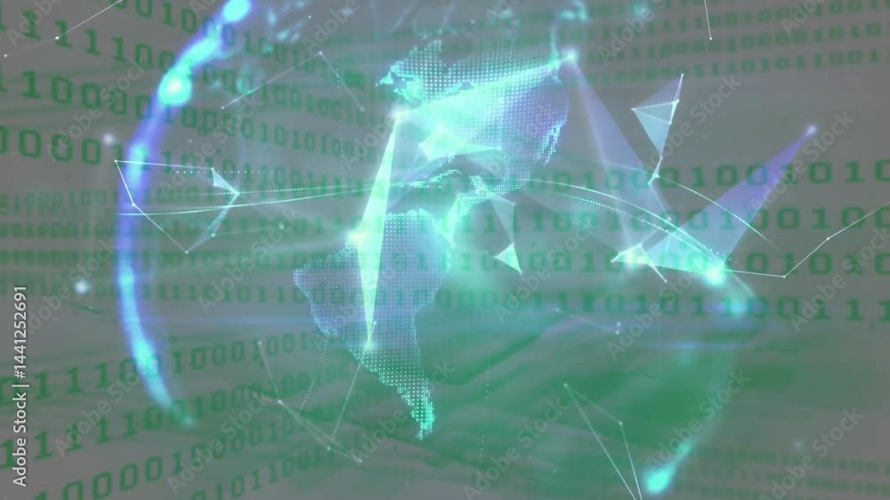 Poster holographic globe floating in digital space, showing network lines linking binary mesh