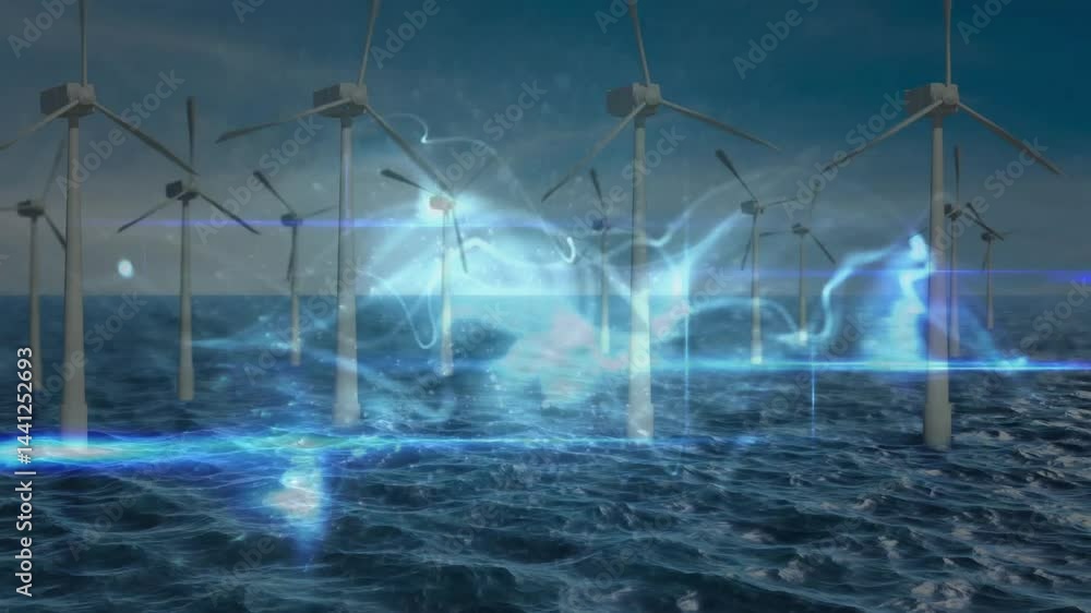 Poster offshore wind turbines generating energy visualization in ocean, showing glowing data-flow waves