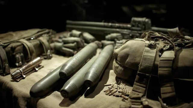 Close-up tactical ammunition set on dark background featuring bullets, shells, and green canvas bags for army and combat concept
