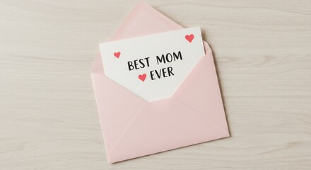 A sweet card in a pink envelope says "Best Mom Ever" with cute hearts on a wood table.