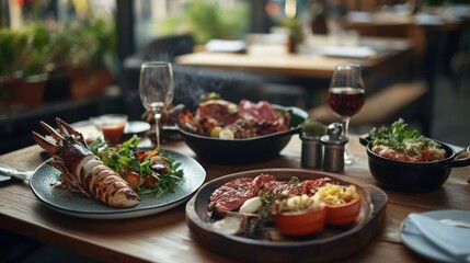 Lavish Restaurant Table Scene Featuring Grilled Seafood and Sumptuous Dishes