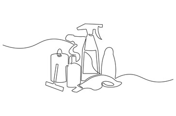 Continuous one line drawing of Cleaning sevice tools. Single line drawing illustration of Cleaning service and detergent products. Housekeeping concept vector art. Doodle line illustration.