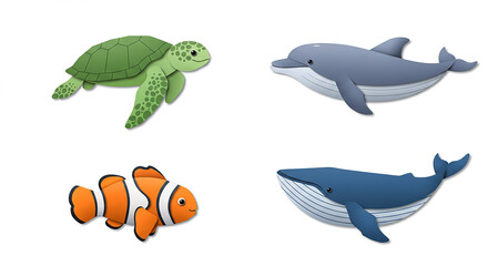 Fototapeta premium Turtle, dolphin, clownfish, and whale swimming in the ocean
