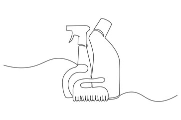 Continuous one line drawing of Cleaning sevice tools. Single line drawing illustration of Cleaning service and detergent products. Housekeeping concept vector art. Doodle line illustration.