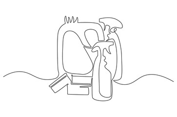 Continuous one line drawing of Cleaning sevice tools. Single line drawing illustration of Cleaning service and detergent products. Housekeeping concept vector art. Doodle line illustration.
