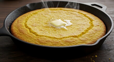 Freshly baked cornbread in a cast iron skillet with melting butter on top and steam rising up from it