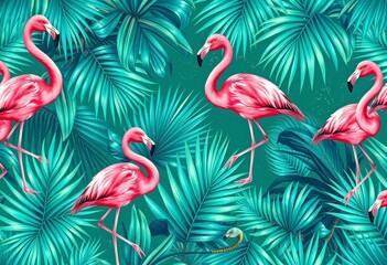 Naklejka premium Pink flamingos & turquoise palm leaves in a tropical grunge seamless pattern, illustration, repeat