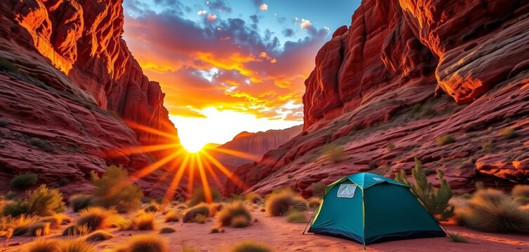 Sunrise over red rock canyon near Zion campsite, light, photography