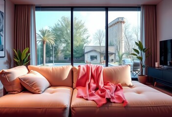 Modern living room, plush sofa, soft pink throw blanket, grey, neutral