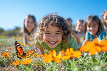A group of children lays in a colorful flower field under clear blue skies, marveling at a butterfly. Their joyful expressions reflect the beauty and wonder of the outdoors, capturing a perfect day