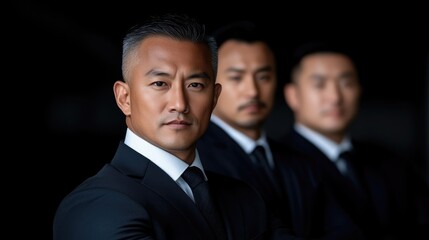 Confident business team in dark suits.  Focused and professional