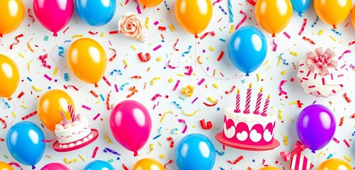 Seamless birthday party pattern featuring confetti, balloons, and cake, holiday, festive