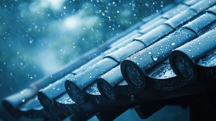 Water droplets form and fall from a tiled Japanese rooftop in the rain, blue misty background creating a quiet, lonely scene