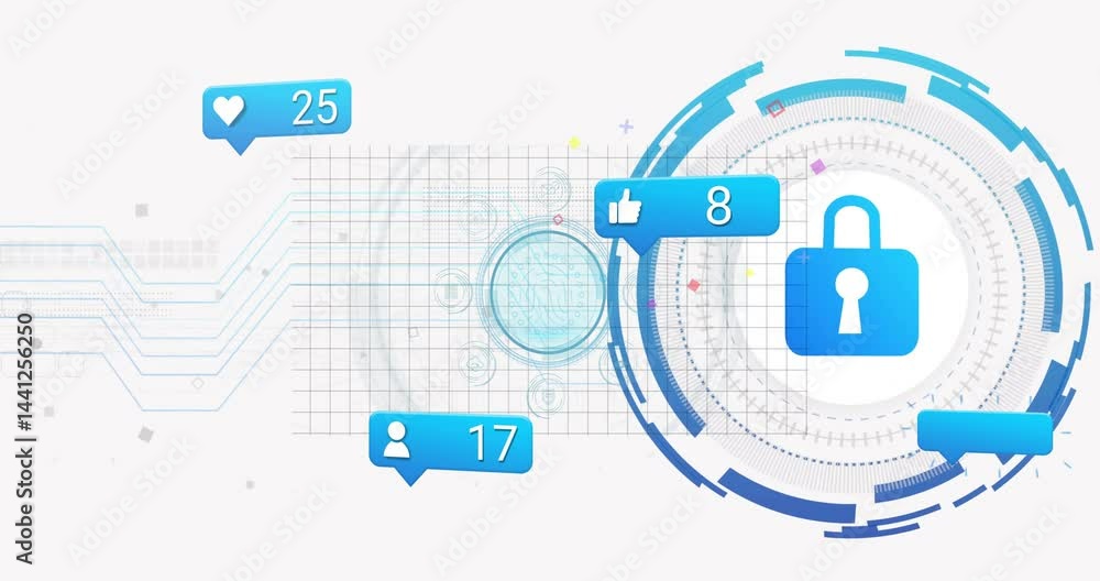 Poster blue padlock icon rotating inside circular interface, featuring grid lines and notification bubbles