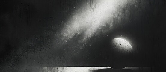 Obraz premium dark surreal scene with misty textured sky and a large glowing sphere casting shadow on a flat surface, evoking mystery and solitude