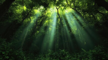 Obraz premium Sunlight filtering through a dense forest canopy. Sunlight beams pierce the lush green foliage, casting shafts of light into the shadowy depths below. Vibrant green hues dominate the scene,