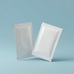 Floating White Sachet Mockups on Light Blue Background for Product Display