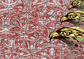 Dynamic poster with eagle head motifs and dangerous elements like a spider. Chaotic dangerous motifs for fashion trends, business concepts, covers, posters, interior solutions, tiles, prints, etc. 