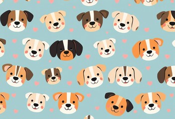 Seamless childish pattern featuring whimsical dog faces in a trendy Scandinavian style, paper, surface