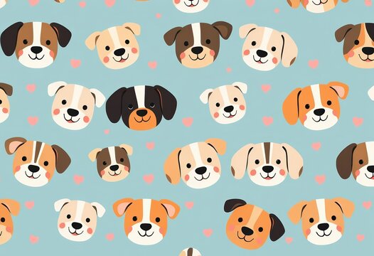 Seamless childish pattern featuring whimsical dog faces in a trendy Scandinavian style, paper, surface