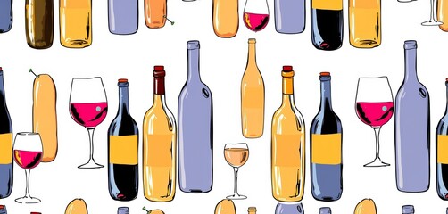 Seamless pattern of hand-drawn wine bottles and glasses; ample negative space, seamless,  outline