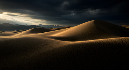 Sand Dunes Landscape with Dramatic Sky and Sunlight at Death Valley