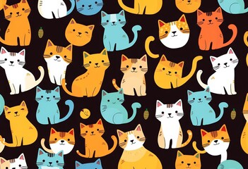 Seamless playful cat pattern; vibrant colors, hand-drawn style, ideal for kids' textiles, tail, fabric
