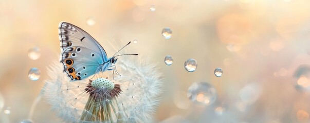 Delicate light blue butterfly perched on a dandelion head.