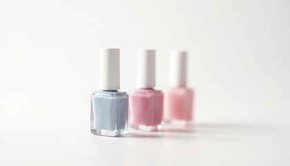 Three bottles of nail polish in pastel shades line up against a white background, ready for a manicure.