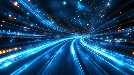 Futuristic digital highway with glowing blue and orange light trails