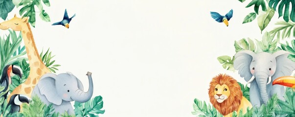 Naklejka premium Watercolor jungle animals in a lush border design.