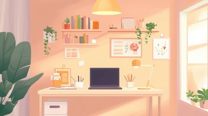 Cozy minimalist office nook with flush ceiling light, small desk, laptop, and organized shelves