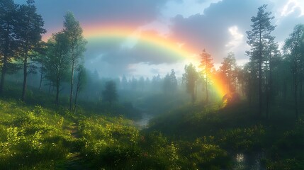 Serene Forest Landscape With Rainbow After Rain High Resolution Image