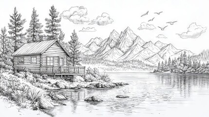 Tranquil Mountain Cabin Coloring Page for Relaxation and Creativity
