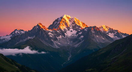 Fototapeta premium Majestic Mountain Peaks at Sunset with Colorful Sky and Cloud Inversion