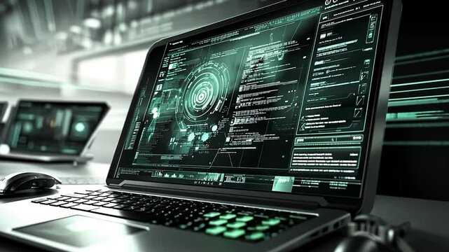 Modern Laptop with Futuristic Interface in Tech Office