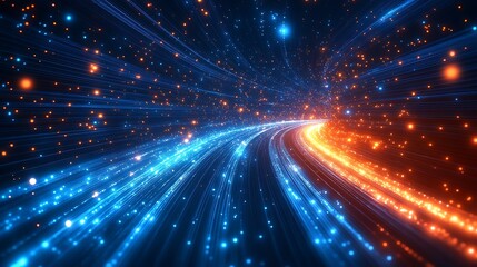 Naklejka premium Futuristic digital highway with glowing blue and orange light trails