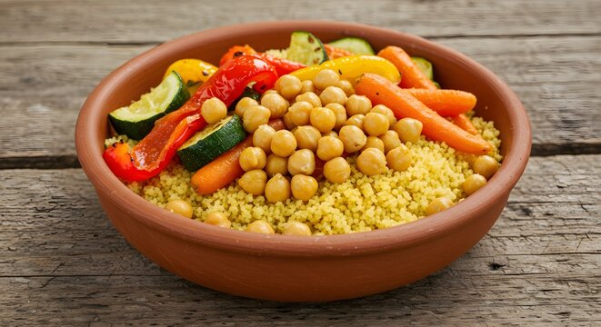 A terracotta bowl filled with couscous, chickpeas, and roasted vegetables on a wooden surface