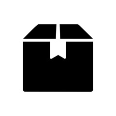 Obraz premium Minimal black filled icon of a closed cardboard box with a tape seal, symbolizing package delivery, shipping, logistics, moving, and e-commerce services.