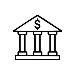 Minimal black line icon of a classical bank building with pillars and a dollar sign, representing finance, banking institutions, money management, and economic services.