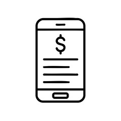 Minimal black line icon of a smartphone displaying a dollar sign, representing mobile payment, online banking, digital transactions, and financial technology services.