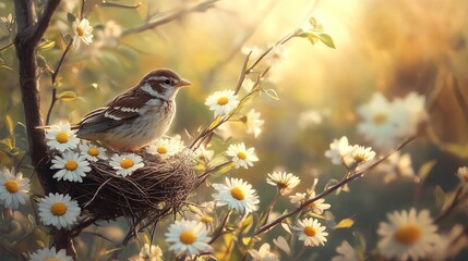 Beautiful Little Bird Resting in Nest Spring Daisies Soft Sunlight Nature Photography Wildlife Image Peaceful Avian Scene Tranquil Garden Idyllic Natural Habitat Serene Springtime 