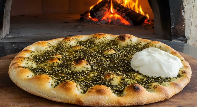 Zaatar manouche flatbread with labneh in front of a wood fired oven with burning logs inside it