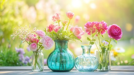 Obraz premium A vibrant display of blooming flowers in colorful vases on a sunlit garden table