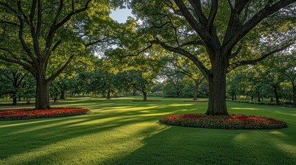 Fototapeta premium Trees in a park, green grass and red flowers
