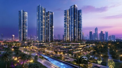 Fototapeta premium Majestic Cityscape: Night View of Modern Skyscrapers and Lush Greenery